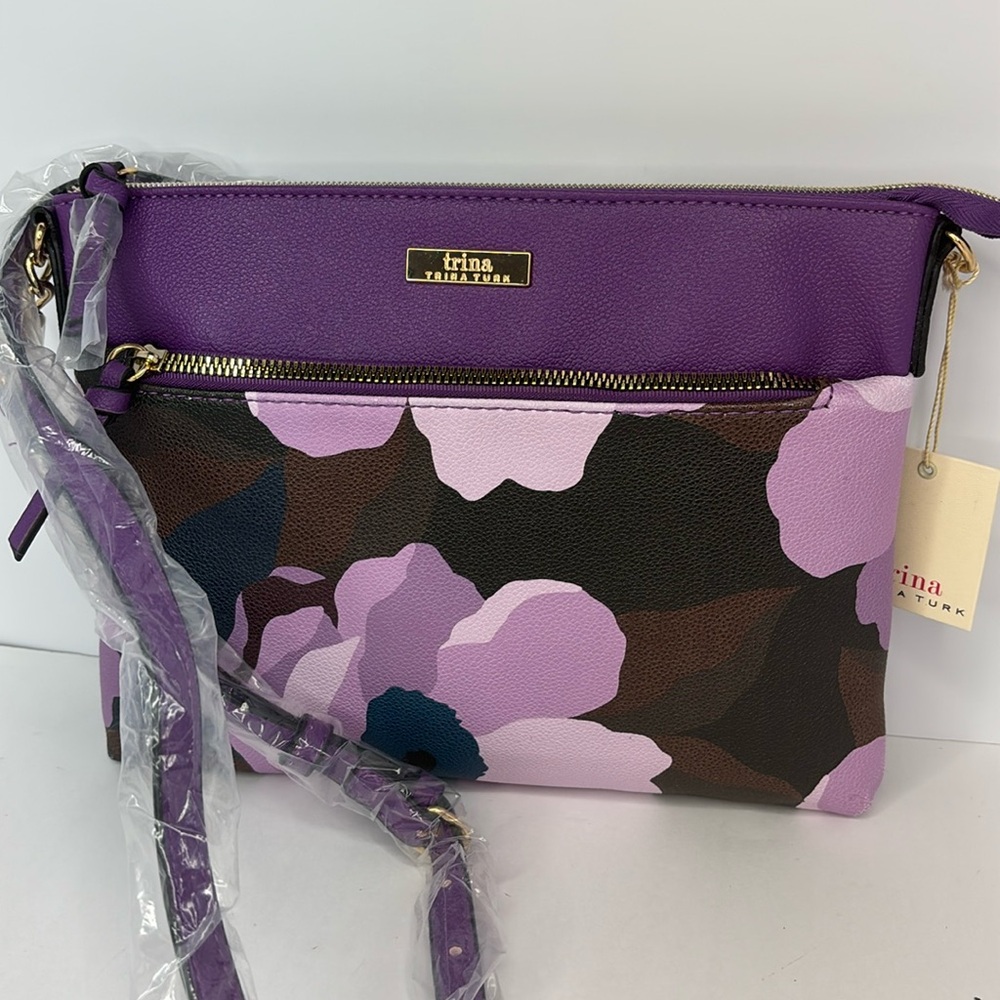 Trina Turk Floral Print Black and Purple Crossbody Bag Leather Handbag NWT